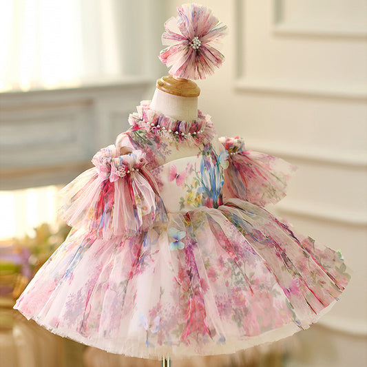 Floral print short sleeve knee length baby party dress